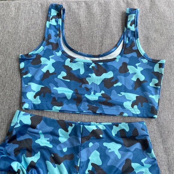 Medium Blue Camo Bodycon Tank Crop Top Shorts Sets Club 2 Piece Outfit - Picture 5 of 6